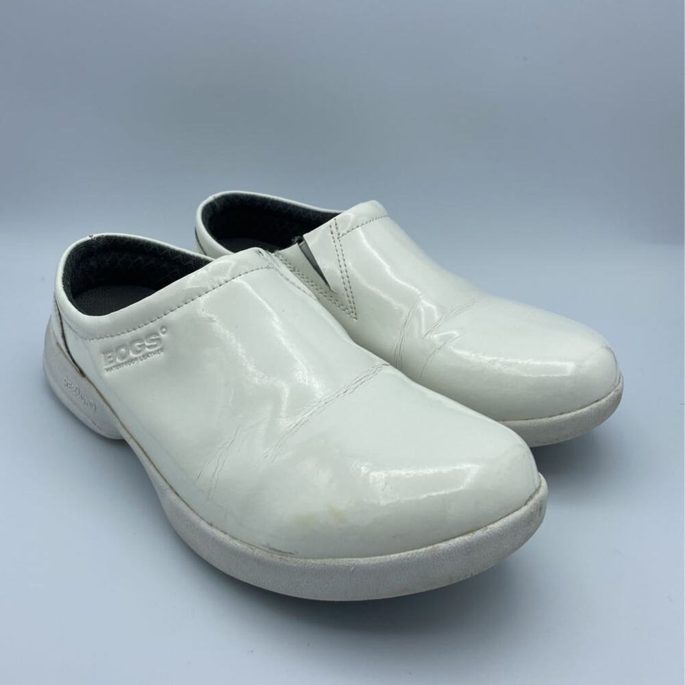 Bogs Womens Ramsey Service Clogs Shoes White Patent Leather Work Slip On 7